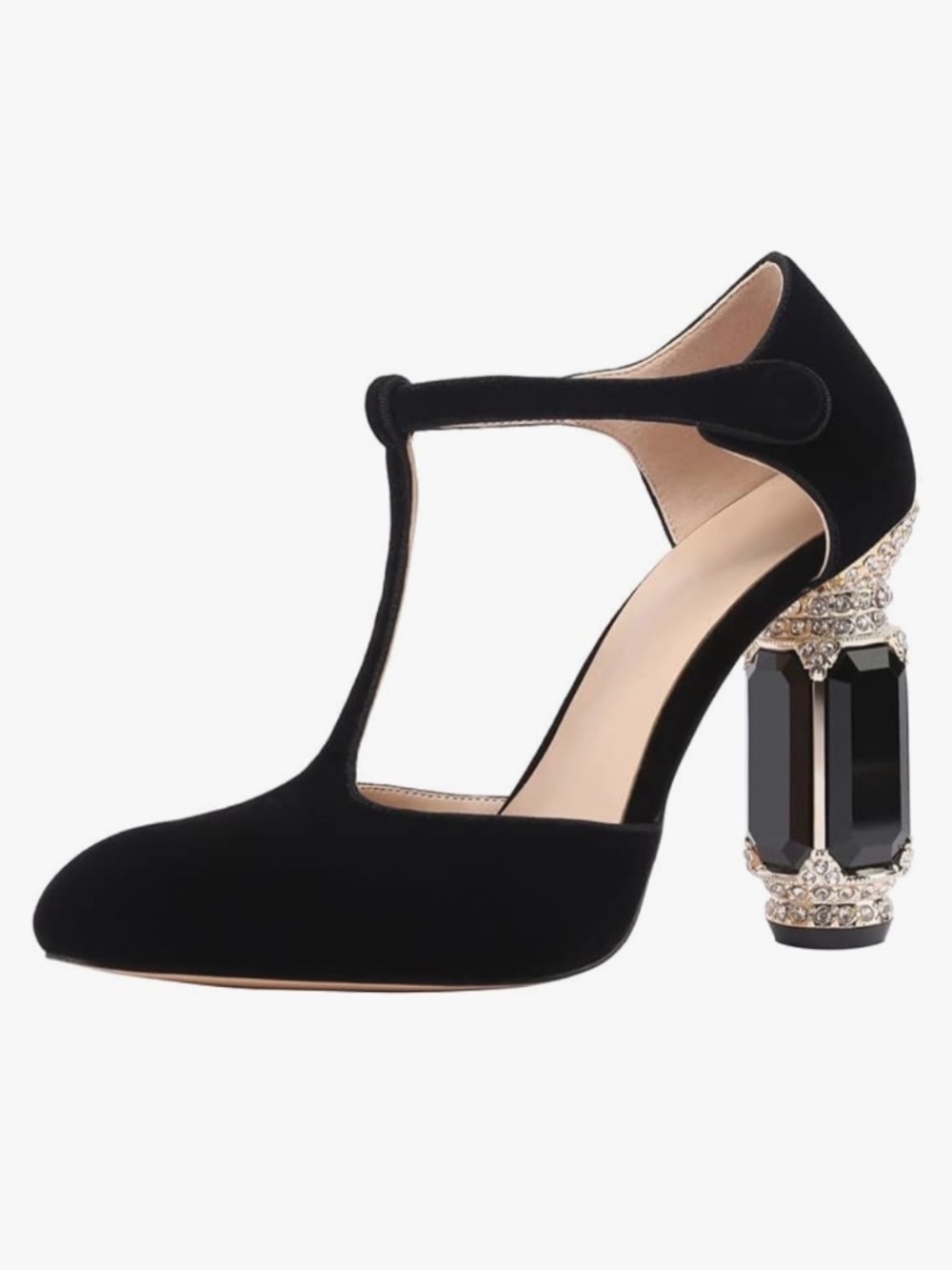 S41 JANSEVEN Women Chunky High Heels Block Heeled Crystal Pumps Unique Jewel Gem